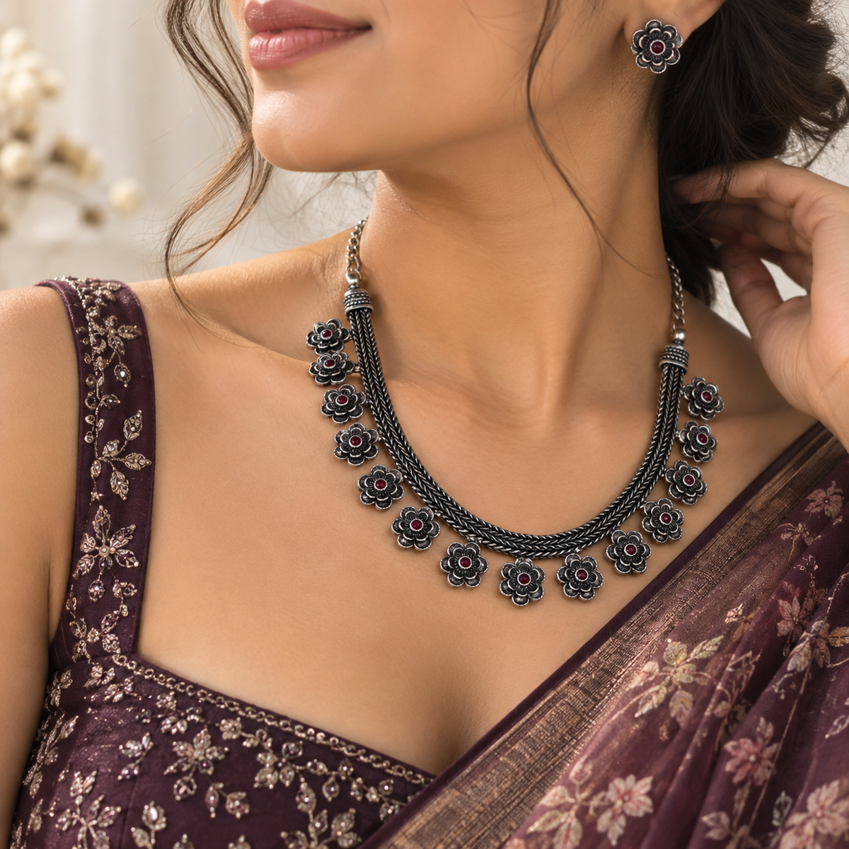 Ruby-blossom oxidised set