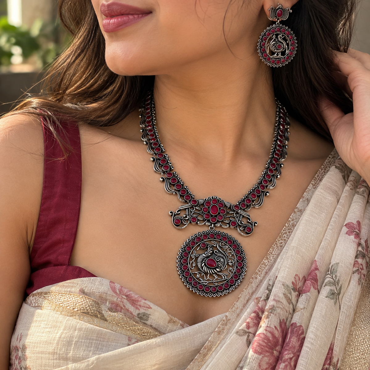 Rich maroon oxidised silver necklace